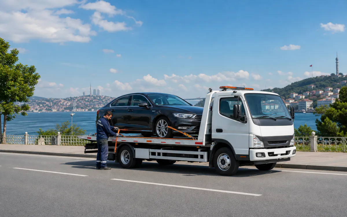 Gündüz yolunda çekici platformunun yanında bulunan yol yardım görevlisi ve otomobil